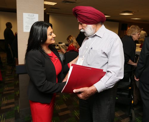 JASON HALSTEAD / WINNIPEG FREE PRESS  Liberal leader Rana Bokhari with Liberal Party delegate Mohinder Dhillon at the Manitoba Liberal Party Annual General Meeting at the Holiday Inn Airport on March 5, 2016. (See Kusch story)