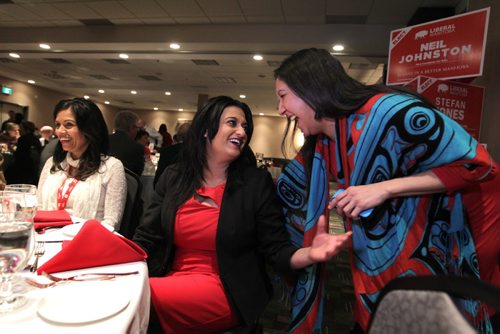 RUTH BONNEVILLE / WINNIPEG FREE PRESS Manitoba Liberal Leader Rana Bokhari shares some laughs with Althea Guiboche, Liberal Candidate-Point Douglas at the Liberal AGM meeting Saturday evening at the Holiday Inn Polo Park.  See Larry Kusch story.  March 5, 2016
