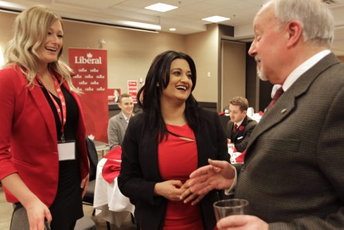 RUTH BONNEVILLE / WINNIPEG FREE PRESS Manitoba Liberal Leader Rana Bokhari shares some laughs with Harold Taylor at the Liberal AGM meeting Saturday evening at the Holiday Inn Polo Park.  See Larry Kusch story.  March 5, 2016