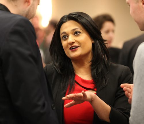 RUTH BONNEVILLE / WINNIPEG FREE PRESS Manitoba Liberal Leader Rana Bokhari shares some members at the Liberal AGM meeting Saturday evening at the Holiday Inn Polo Park.  See Larry Kusch story.  March 5, 2016
