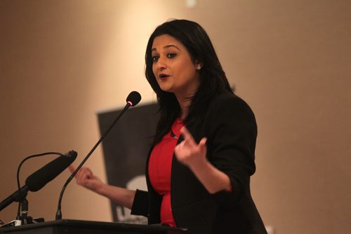 RUTH BONNEVILLE / WINNIPEG FREE PRESS Manitoba Liberal Leader Rana Bokhari at the podium delivering her speech at the Liberal AGM meeting Saturday evening at the Holiday Inn Polo Park.  See Larry Kusch story.  March 5th, 2016