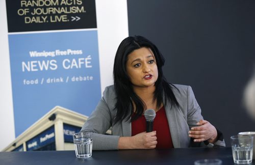 WAYNE GLOWACKI / WINNIPEG FREE PRESS Manitoba Liberal leader Rana Bokhari is interviewed by the Winnipeg Free Press editorial board at the  Winnipeg Free Press News Cafe Monday. March 7 2016