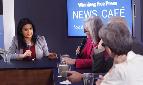 WAYNE GLOWACKI / WINNIPEG FREE PRESS Manitoba Liberal leader Rana Bokhari is interviewed by the Winnipeg Free Press editorial board at the  Winnipeg Free Press News Cafe Monday. March 7 2016