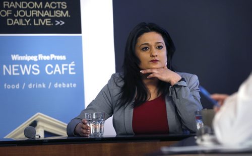 WAYNE GLOWACKI / WINNIPEG FREE PRESS Manitoba Liberal leader Rana Bokhari is interviewed by the Winnipeg Free Press editorial board at the  Winnipeg Free Press News Cafe Monday. March 7 2016