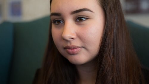 MIKE DEAL / WINNIPEG FREE PRESS Brianna Jonnie, 14, is greeted by Mayor Brian Bowman at City Hall to talk about her concerns for young First Nations women. 160307 - Monday, March 07, 2016