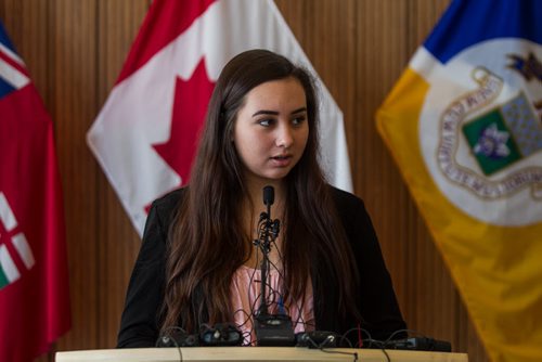 MIKE DEAL / WINNIPEG FREE PRESS Brianna Jonnie, 14, is greeted by Mayor Brian Bowman at City Hall to talk about her concerns for young First Nations women. 160307 - Monday, March 07, 2016