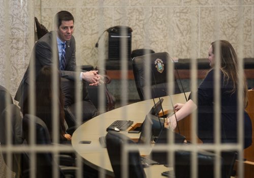 MIKE DEAL / WINNIPEG FREE PRESS Brianna Jonnie (left), 14, and her mom Amanda McCormick (right) are given a tour of the council chambers by Mayor Brian Bowman while they talk about her concerns for young First Nations women. 160307 - Monday, March 07, 2016