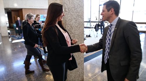 MIKE DEAL / WINNIPEG FREE PRESS Brianna Jonnie, 14, is greeted by Mayor Brian Bowman at City Hall to talk about her concerns for young First Nations women. 160307 - Monday, March 07, 2016  NOTE: This is a Screenshot from a video