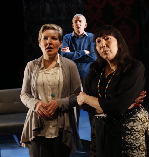 WAYNE GLOWACKI / WINNIPEG FREE PRESS Actors from right. Tracey Nepinak,  Steven Ratzlaff and Sarah Constible in a scene from the Theatre Projects play titled RESERVATIONS. Randall King story March 7 2016