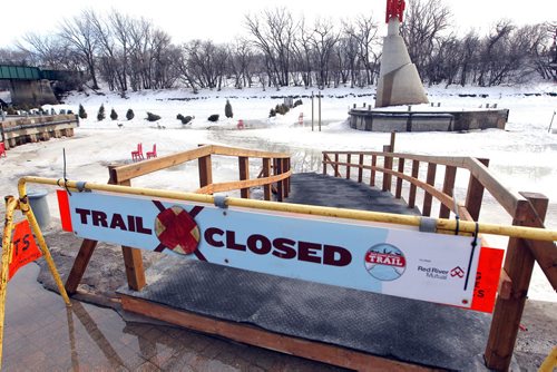 BORIS MINKEVICH / WINNIPEG FREE PRESS Skating at the Forks or the river trail is all but a memory as warm weather forced the trail to be closed. Workers have been removing all the benches and warm up huts. Photo taken March 07, 2016