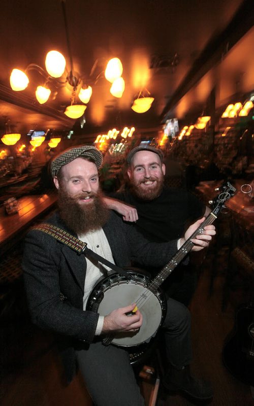 PHIL HOSSACK / WINNIPEG FREE PRESS Irish musicians Ross  McKernan (left) and Mike O'Hanlon Monday evening at Fionn MacCool's. See Dave Sanderson's St Patrick's Day feature. March 7, 2016