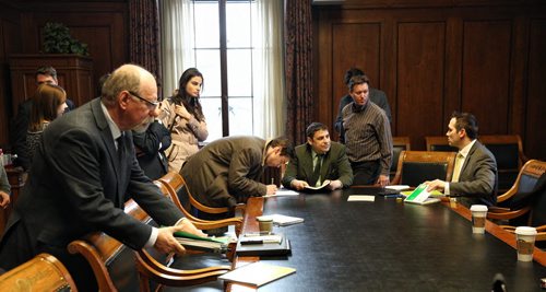 MIKE DEAL / WINNIPEG FREE PRESS  Members of the media sign for fiscal update documents while entering lockup prior to its presentation to the house this afternoon at the Manitoba Legislature.  160308 March 08, 2016