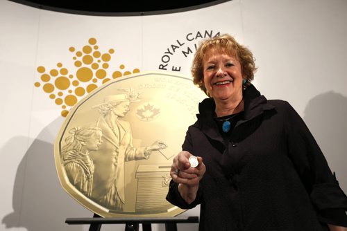 WAYNE GLOWACKI / WINNIPEG FREE PRESS  Lila Goodspeed, Chair, The Nellie McClung Foundation took part in  the unveiling of the design of the new $1 circulation coin celebrating the 100th anniversary of a milestone in the history of womens right to vote in Canada. The event was held at the Canadian Museum for Human Rights Tuesday. Ashley Prest story March 8 2016