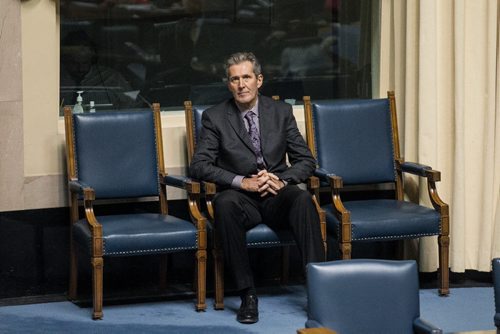 MIKE DEAL / WINNIPEG FREE PRESS Opposition Leader Brian Pallister watches from the back of the house as his party attempts to keep Finance Minister Greg Dewar from presenting the governments Fiscal Outlook to the Manitoba Legislature Tuesday afternoon. 160308 - Tuesday, March 08, 2016