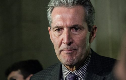 MIKE DEAL / WINNIPEG FREE PRESS Opposition Leader Brian Pallister talks to the media as his party attempts to keep Finance Minister Greg Dewar from presenting the governments Fiscal Outlook to the Manitoba Legislature Tuesday afternoon. 160308 - Tuesday, March 08, 2016