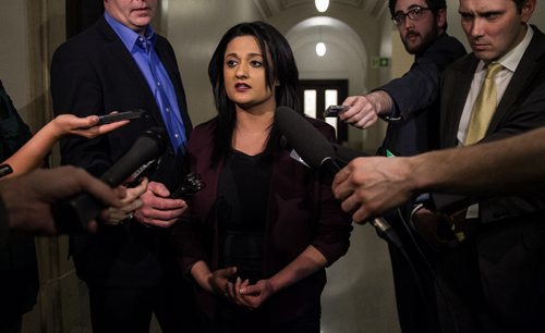 MIKE DEAL / WINNIPEG FREE PRESS Liberal Leader Rana Bokhari talks to the media while the opposition party attempts to keep the Finance Minister, Greg Dewar, from presenting the governments Fiscal Outlook to the Manitoba Legislature Tuesday afternoon. 160308 - Tuesday, March 08, 2016