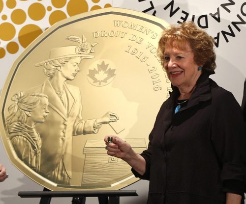 WAYNE GLOWACKI / WINNIPEG FREE PRESS  Lila Goodspeed, Chair, The Nellie McClung Foundation took part in  the unveiling of the design of the new $1 circulation coin celebrating the 100th anniversary of a milestone in the history of womens right to vote in Canada. The event was held at the Canadian Museum for Human Rights Tuesday. Ashley Prest story March 8 2016