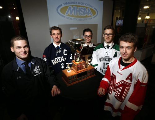 WAYNE GLOWACKI / WINNIPEG FREE PRESS  Hockey players from right, Cade Kowalski with the Morden Thunder, Zach Bailey, with the Vincent Massey Trojans, Cole Zadro with the St. Paul's Crusaders, Harley Hoydalo with the Selkirk Royals and Marc Legare with the Oak Park Raiders at the 2016 Milk High School Hockey Championships news conference held in the Manitoba Sports Hall of Fame Tuesday. Melissa Martin story March 8 2016