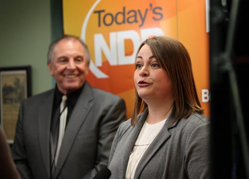 RUTH BONNEVILLE / WINNIPEG FREE PRESS Ron Lemieux welcomes Roxane Dupuis as the new NDP candidate for Dawson Trail at NDP office Thursday. March 10, 2016