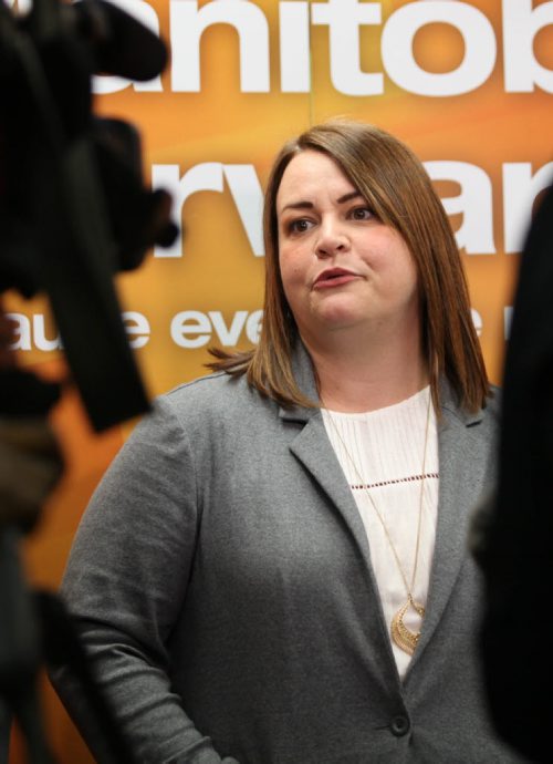 RUTH BONNEVILLE / WINNIPEG FREE PRESS Roxane Dupuis talks to the media after becoming the new NDP candidate for Dawson Trail at NDP office Thursday. March 10, 2016