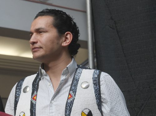JOE BRYKSA / WINNIPEG FREE PRESS  Veteran - Elder Joseph Meconse was kicked out of Portage Place in Feb of this year, today there was a gathering in the mall to honour the elder- NDP Provincial candidate Wab Kinew mcd ceremony for Elder Joseph Meconse ,  March 11, 2016.(See Jen Zoratti story)