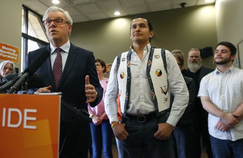 WAYNE GLOWACKI / WINNIPEG FREE PRESS  In centre, Wab Kinew, NDP candidate for Fort Rouge with Premier Greg Selinger and supporters at Wab's campaign office Friday. Gord Sinclair/ Kristin Annable stories   March 11 2016