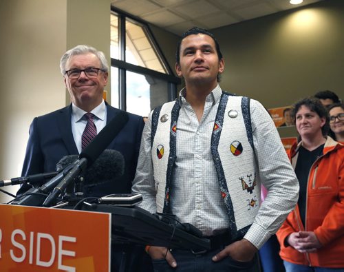 WAYNE GLOWACKI / WINNIPEG FREE PRESS  At right, Wab Kinew, NDP candidate for Fort Rouge with Premier Greg Selinger and supporters at Wab's campaign office Friday. Gord Sinclair/ Kristin Annable stories   March 11 2016