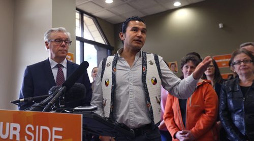 WAYNE GLOWACKI / WINNIPEG FREE PRESS

At the podium Wab Kinew, NDP candidate for Fort Rouge at right with Premier Greg Selinger and supporters at a news conference in his campaign office.  Gord Sinclair/ Kristin Annable stories   March 11 2016