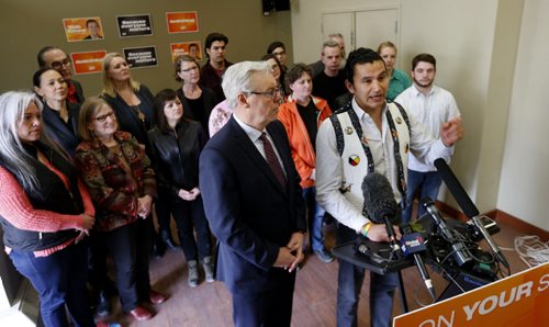 WAYNE GLOWACKI / WINNIPEG FREE PRESS  At the podium Wab Kinew, NDP candidate for Fort Rouge at right with Premier Greg Selinger and supporters at a news conference in his campaign office.  Gord Sinclair/ Kristin Annable stories   March 11 2016