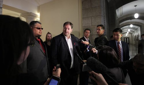 RUTH BONNEVILLE / WINNIPEG FREE PRESS  The Indigenous caucus of the Manitoba Liberal Party led by St. Johns candidate Noel Bernier, holds presser wanting Wab Kinew to step aside due to past tweet comments on Friday morning.   March 11, 2016