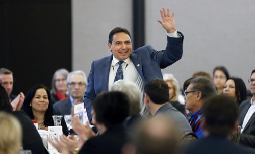 WAYNE GLOWACKI / WINNIPEG FREE PRESS   In centre, Perry Bellegarde, National Chief Assembly of First Nations during the introductions at the Manitoba Chambers of Commerce luncheon Friday. Perry was the keynote speaker at the event. Bill Redekop March 11 2016