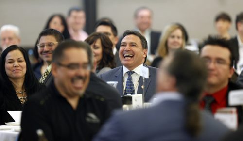 WAYNE GLOWACKI / WINNIPEG FREE PRESS   In centre, Perry Bellegarde, National Chief Assembly of First Nations during the introductions at the Manitoba Chambers of Commerce luncheon Friday. Perry was the keynote speaker at the event. Bill Redekop March 11 2016