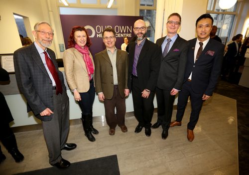 TREVOR HAGAN / WINNIPEG FREE PRESS  From left, Dr.Dick Smith, Sharon Blady, NDP candidate for Kirkfield Park, Dr. Allen Kimelman, Mauricio Escobar Ivanauskas, a patient,  Dr. Bryan Magwood and Roger Tam at Our Own Health Centre during opening ceremony celebrations, Friday, March 11, 2016.