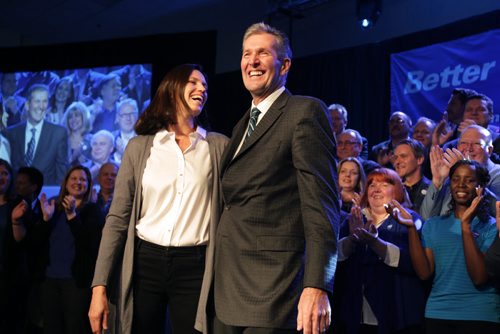 RUTH BONNEVILLE / WINNIPEG FREE PRESS  PC leader, Brian Pallister, his wife Esther and candidates across Manitoba celebrate the launch of the Progressive Conservative election campaign at the Centro Caboto Centre Saturday. See Kevin Rollason's story.  March 12, 2016