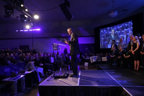 RUTH BONNEVILLE / WINNIPEG FREE PRESS  PC leader, Brian Pallister speaks to a standing-room-only crowd at the  launch of the Progressive Conservative election campaign at the Centro Caboto Centre Saturday. See Kevin Rollason's story.  March 12, 2016