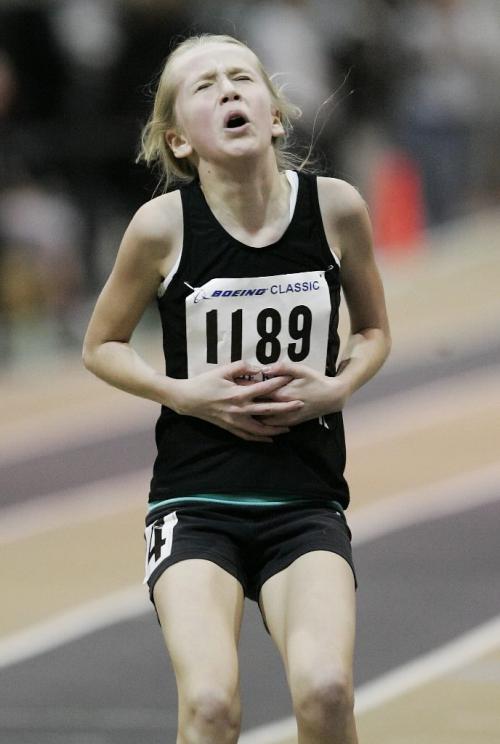 John Woods / Winnipeg Free Press / February 29, 2008- 080229  - Carey Gettle (1189) from Excel Athletica crosses the finish line in first in the Women 1500m Bantam Finals at the 2008 Boeing Indoor Classic at the U of Manitoba Friday February 29/08.