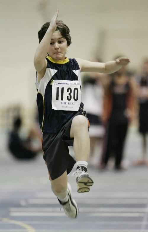 John Woods / Winnipeg Free Press / February 29, 2008- 080229  - Cal Finnson of Arborg jumps in the Bantam Men Long Jump at the 2008 Boeing Indoor Classic at the U of Manitoba Friday February 29/08.