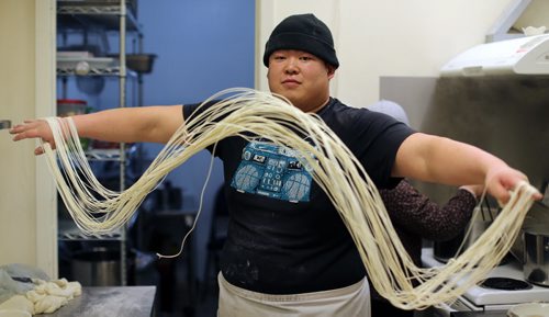 TREVOR HAGAN / WINNIPEG FREE PRESS Restaurant Review - Dancing Noodle. Chef Xiaofei Zuo makes noodles by hand and to order, Saturday, March 12, 2016. - FOR BART KIVES REVIEW