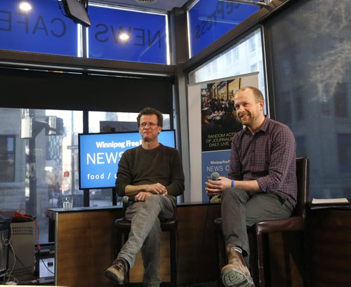 WAYNE GLOWACKI / WINNIPEG FREE PRESS  At left, writer Yann Martel at the Winnipeg Free Press News Cafe Monday launching his latest book, The High Mountains of Portugal. He was interviewed by Ben MacPhee-Sigurdson. March 13 2016