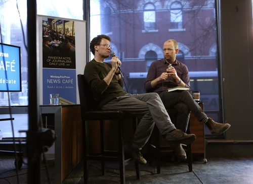 WAYNE GLOWACKI / WINNIPEG FREE PRESS   At left, writer Yann Martel at the Winnipeg Free Press News Cafe Monday launching his latest book, The High Mountains of Portugal. He was interviewed by Ben MacPhee-Sigurdson. March 13 2016