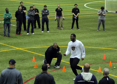 BORIS MINKEVICH / WINNIPEG FREE PRESS Bison David Onyemata pro day football workout at the University of Manitoba. Onyemata is the first Manitoba Bisons to hold a pro day football workout.  At least 12-16 NFL scouts and coaches were there. Photo taken March 14, 2016