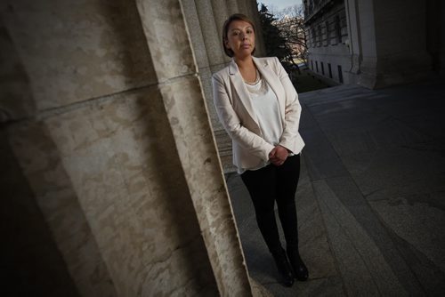 JOHN WOODS / WINNIPEG FREE PRESS Kyra Wilson, Liberal candidate for Fort Richmond, is photographed on the steps of the Manitoba Legislature Monday, March 14, 2016.