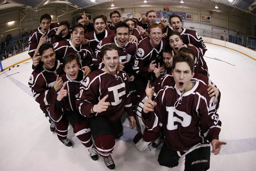 JOHN WOODS / WINNIPEG FREE PRESS St Paul's Crusaders celebrate defeating Vincent Massey Trojans at the Provincial High School AAAA final Monday, March 13, 2016 at St James Civic Centre.