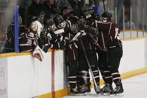 JOHN WOODS / WINNIPEG FREE PRESS St Paul's Crusaders celebrate a goal against Vincent Massey Trojans at the Provincial High School AAAA final Monday, March 13, 2016 at St James Civic Centre. St Paul's defeated Vincent Massey for the championship.