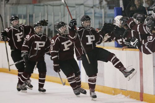 JOHN WOODS / WINNIPEG FREE PRESS St Paul's Crusaders celebrate a goal against the Vincent Massey Trojans at the Provincial High School AAAA final Monday, March 13, 2016 at St James Civic Centre. St Paul's defeated Vincent Massey for the championship.