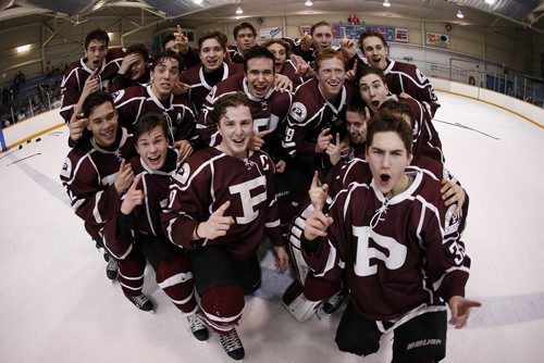 JOHN WOODS / WINNIPEG FREE PRESS St Paul's Crusaders celebrate defeating Vincent Massey Trojans at the Provincial High School AAAA final Monday, March 14, 2016 at St James Civic Centre.