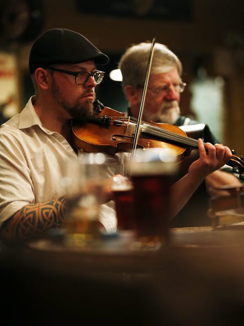 JOHN WOODS / WINNIPEG FREE PRESS Musician Dale Brown and other celtic musicians and dancers practice at Shannon's Irish Pub on Carlton Monday, March 13, 2016. Re: Sanderson