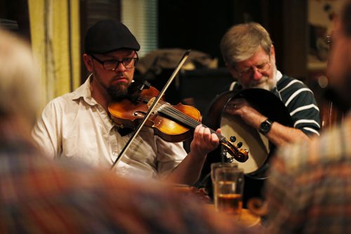 JOHN WOODS / WINNIPEG FREE PRESS Musician Dale Brown and other celtic musicians and dancers practice at Shannon's Irish Pub on Carlton Monday, March 13, 2016. Re: Sanderson