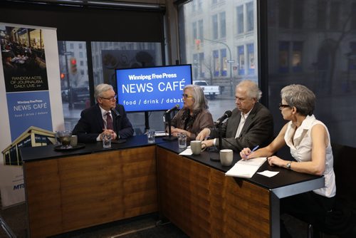 WAYNE GLOWACKI / WINNIPEG FREE PRESS  At left, Premier Greg Selinger meets with the Winnipeg Free Press Editorial Board at the Winnipeg Free Press News Cafe Tuesday morning.  March 15 2016