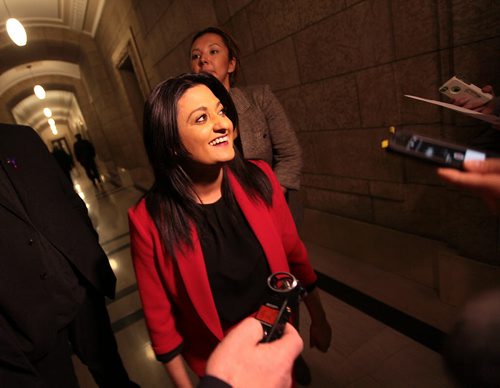 PHIL HOSSACK / WINNIPEG FREE PRESS Provincial Liberal Leader Rana Bokhari speaks to media outside of question period Tuesday afternoon regarding a policy announcement. See release / story. MARCH 15, 2016